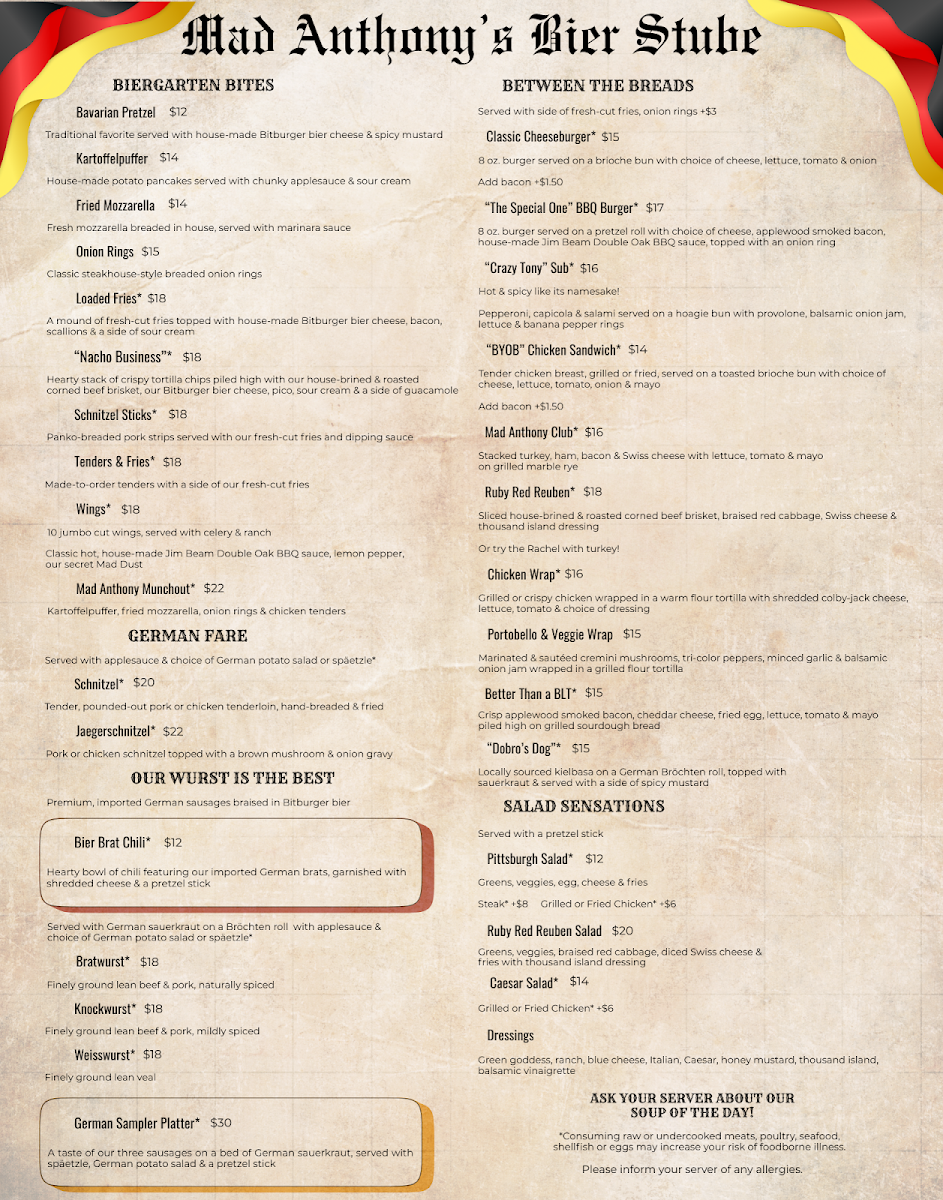 Mad Anthony’s Bier Stube menu board