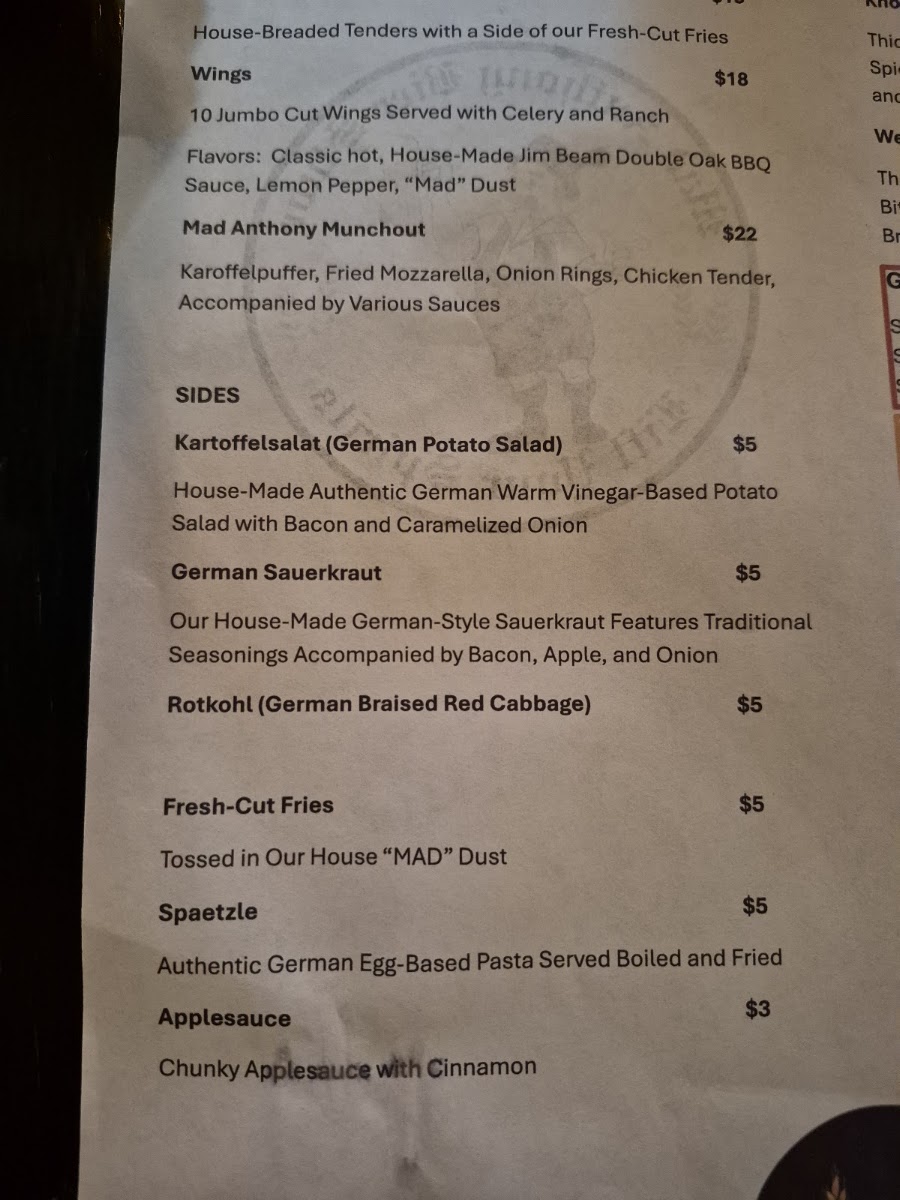 Mad Anthony’s Bier Stube menu board