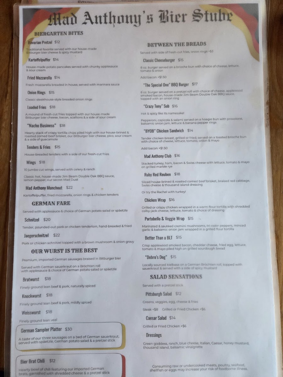 Mad Anthony’s Bier Stube menu board