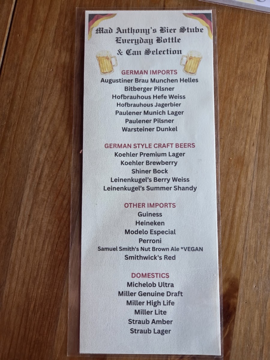 Mad Anthony’s Bier Stube menu board