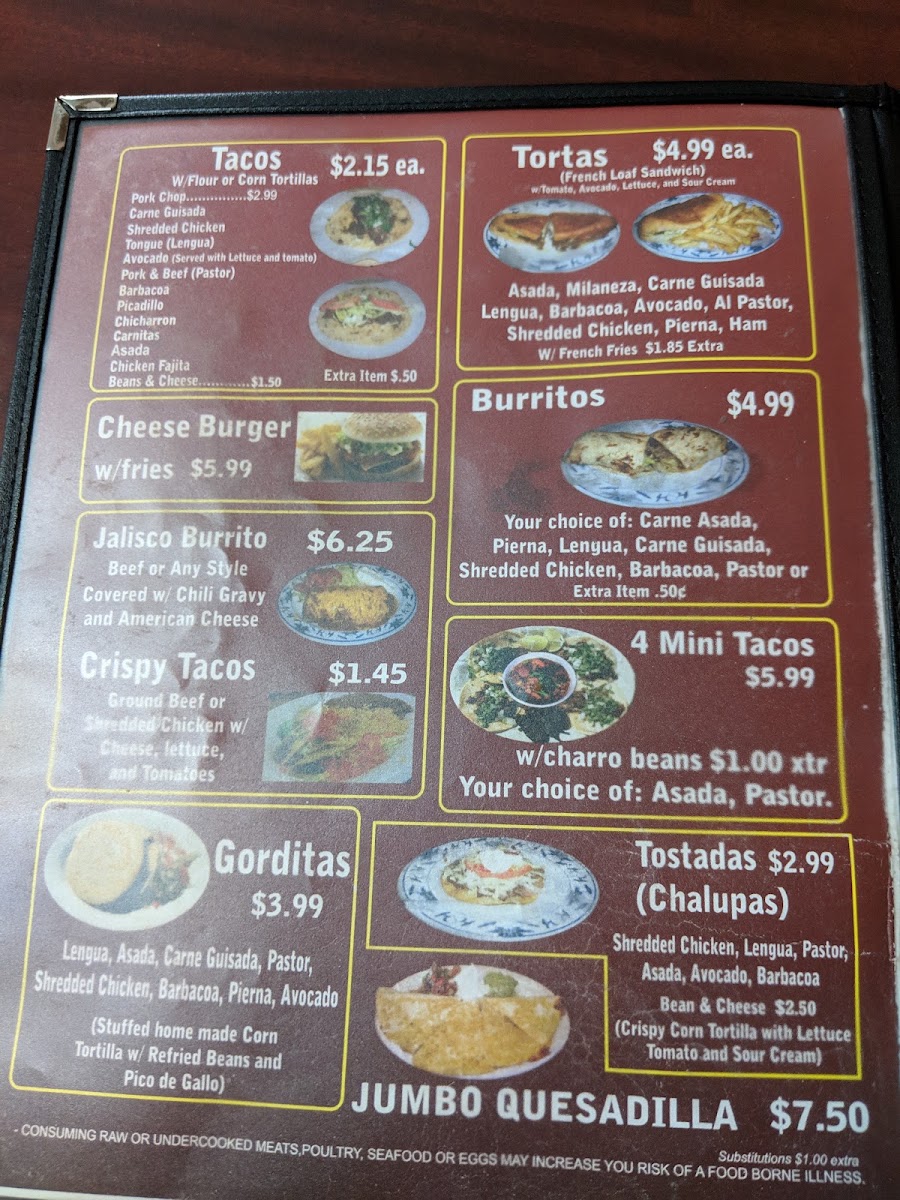 Plaza Jalisco menu board