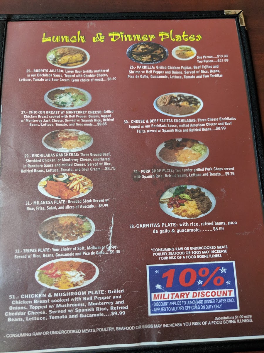 Plaza Jalisco menu board