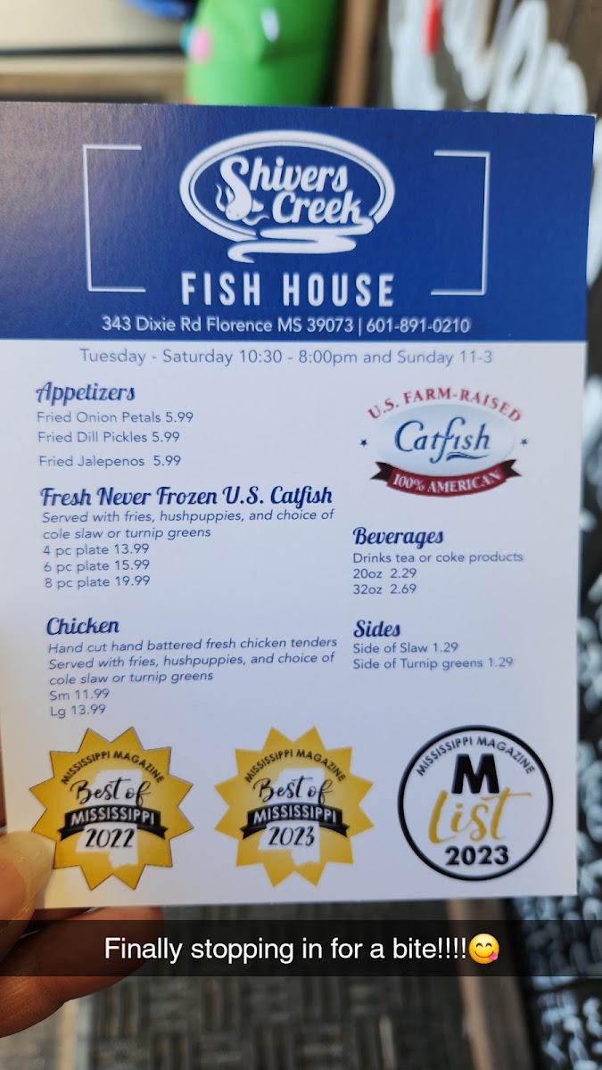 Shivers Creek Catfish House Express of Star menu board