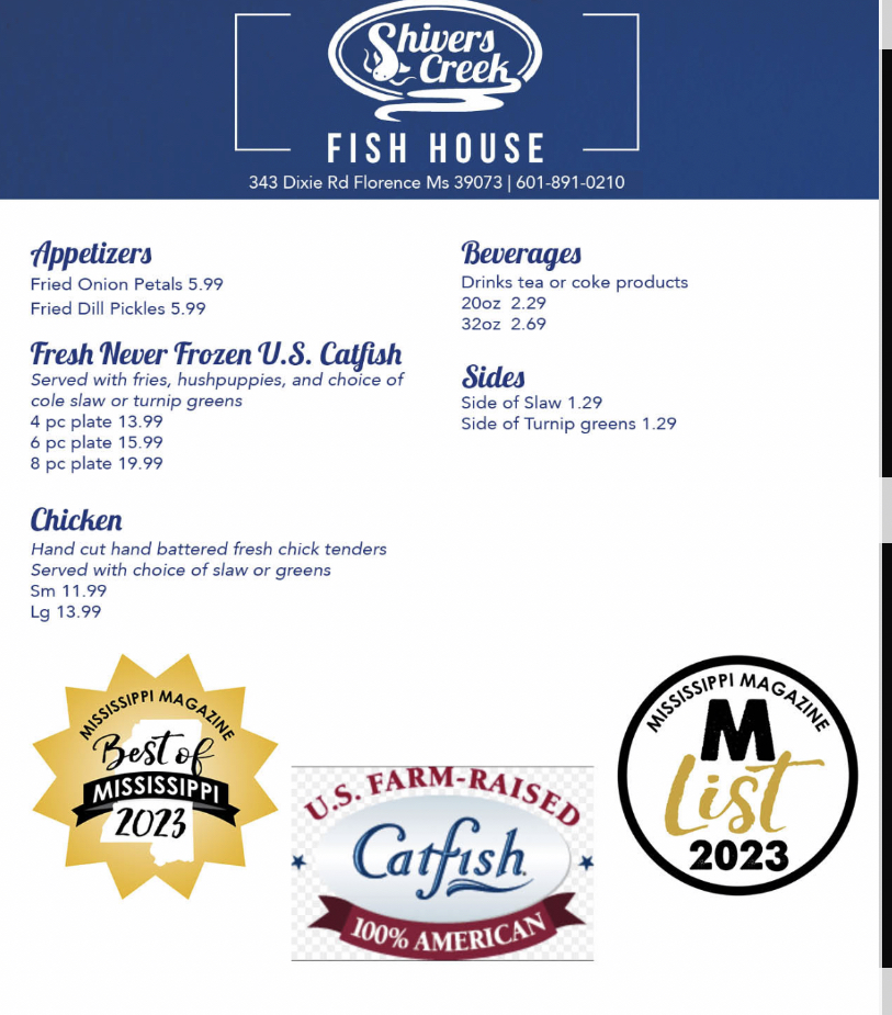 Shivers Creek Catfish House Express of Star menu board