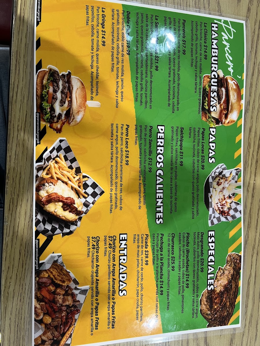 Parceros Burger Grill menu board