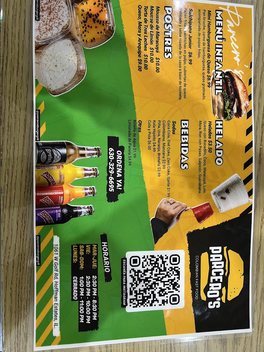 Parceros Burger Grill menu board