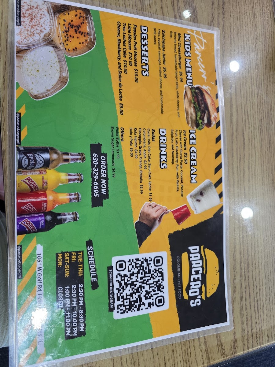 Parceros Burger Grill menu board