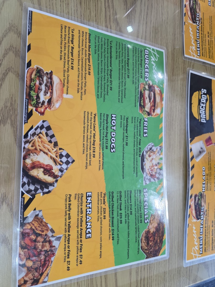 Parceros Burger Grill menu board