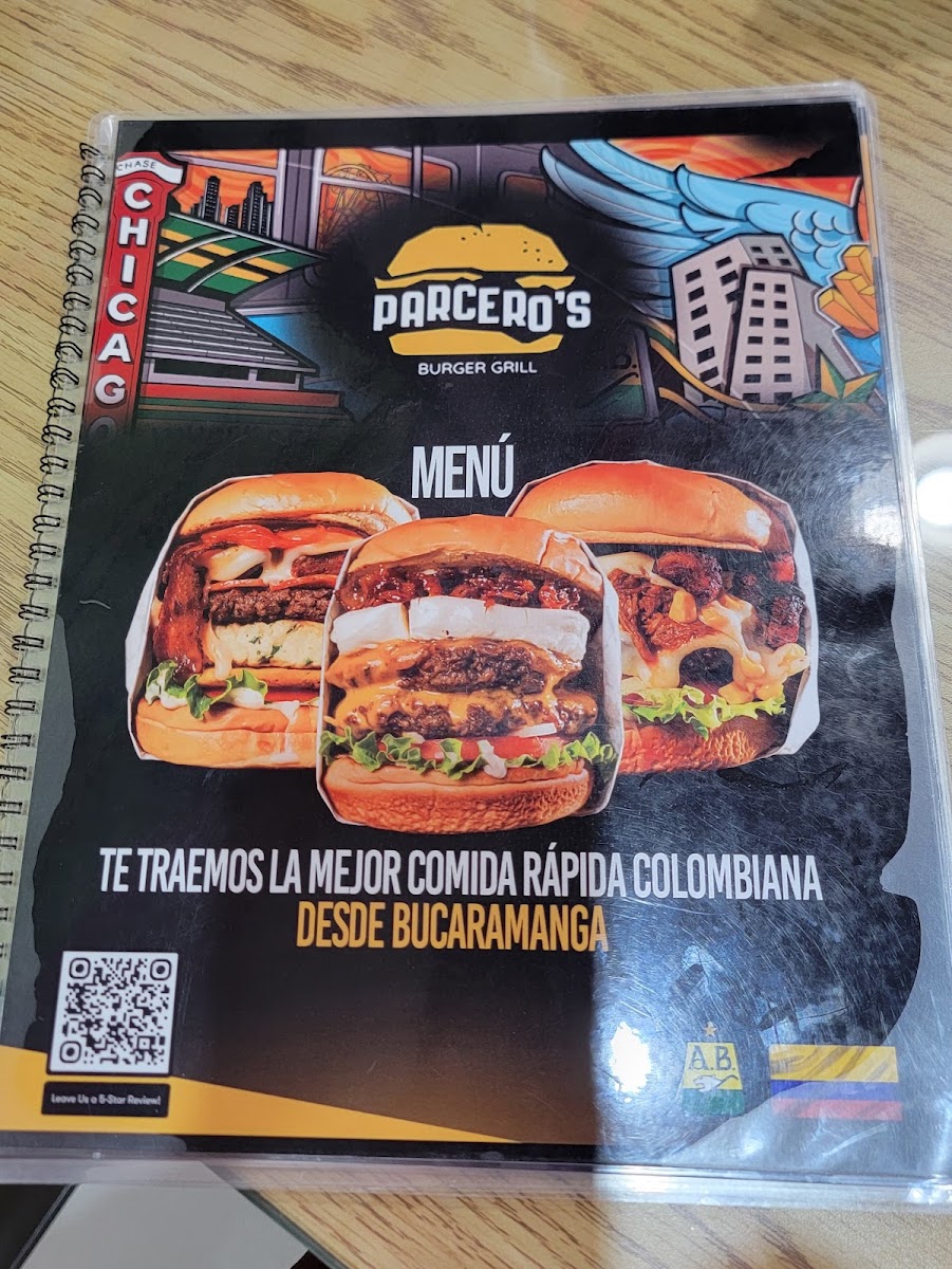 Parceros Burger Grill menu board