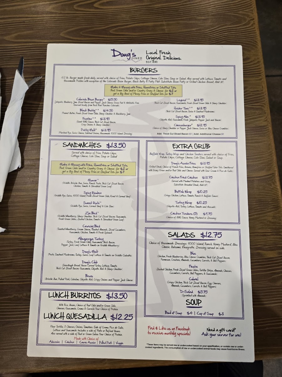 Doug's Diner menu board