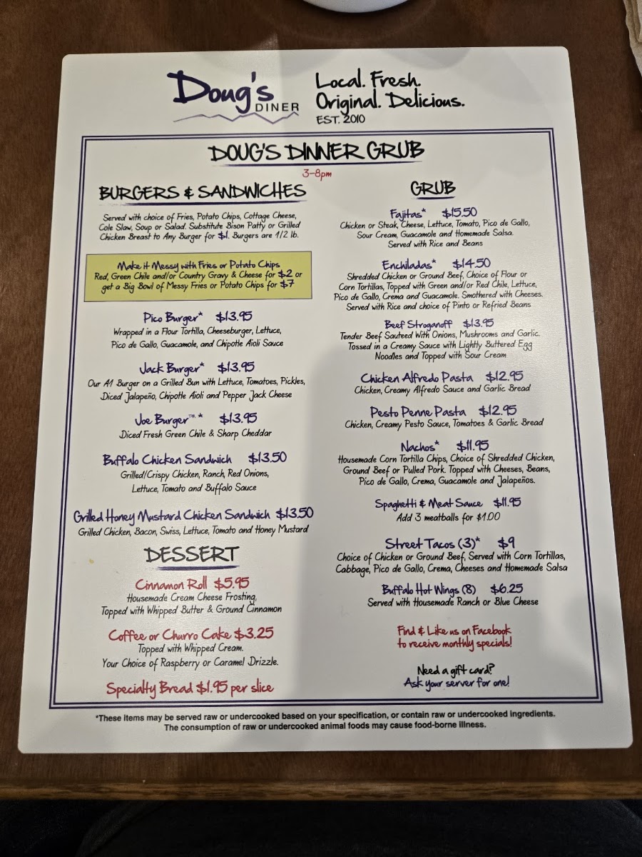Doug's Diner menu board