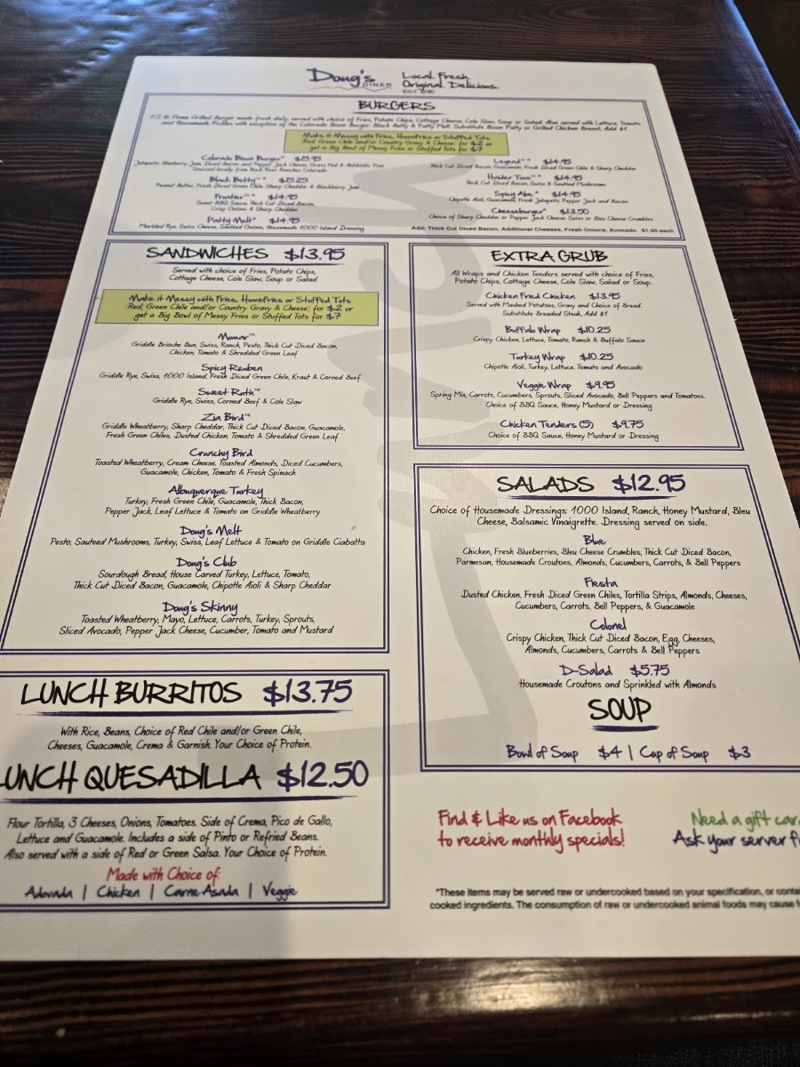 Doug's Diner menu board