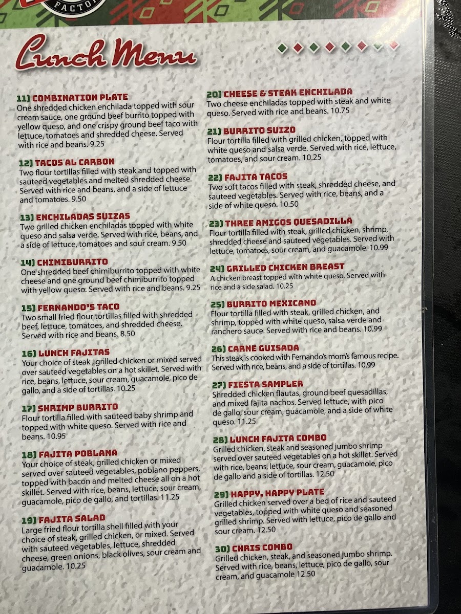 Fernando’s On Star Rd. menu board