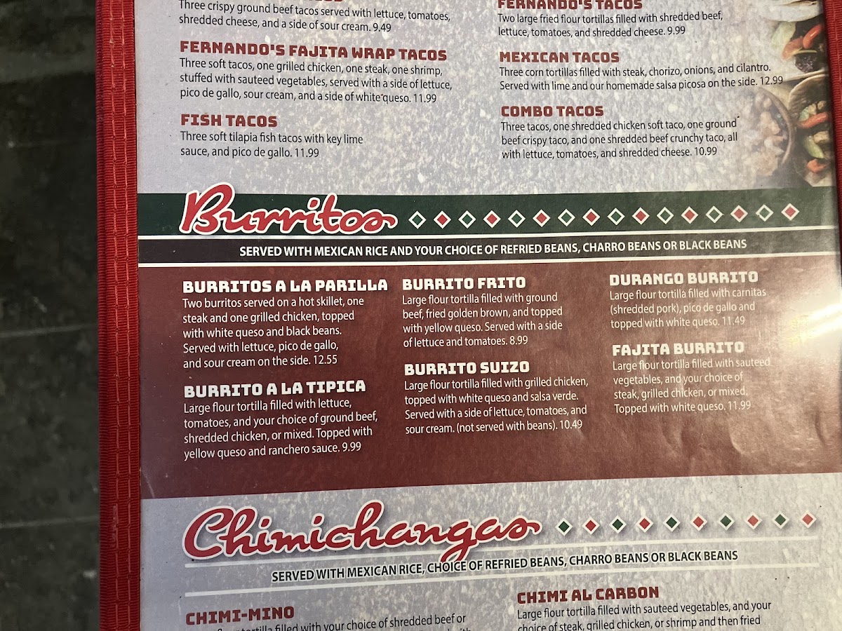 Fernando’s On Star Rd. menu board