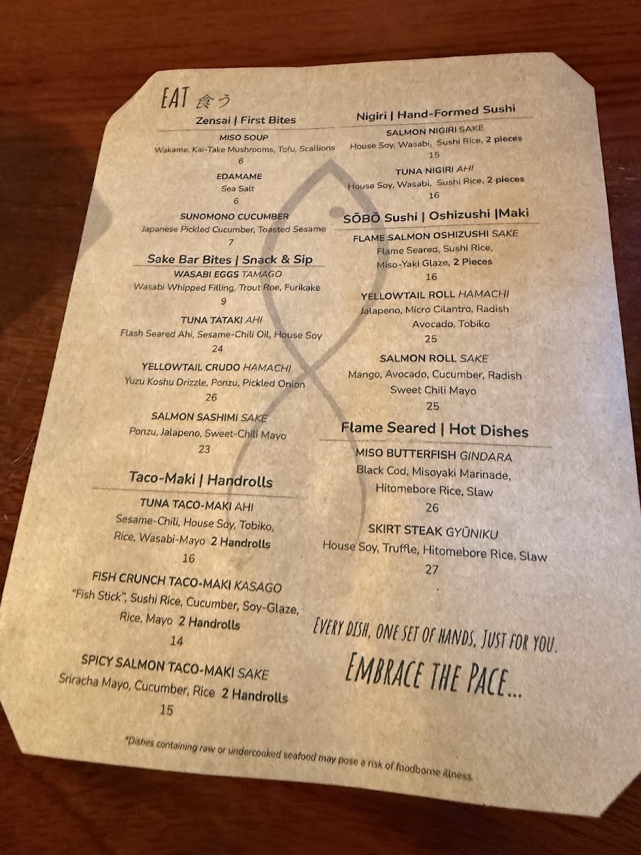 SŌBŌ | Sake Bar & Sushi menu board