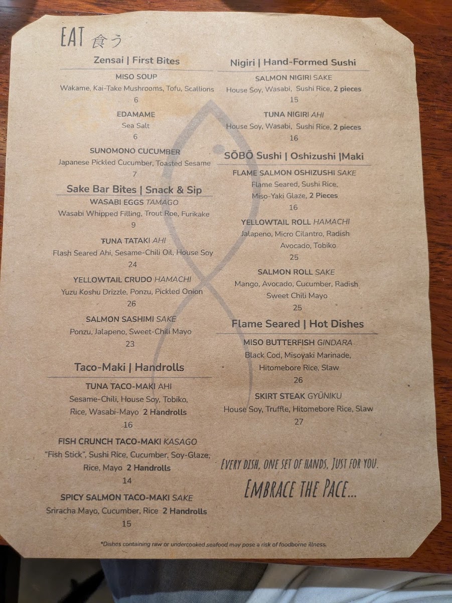 SŌBŌ | Sake Bar & Sushi menu board
