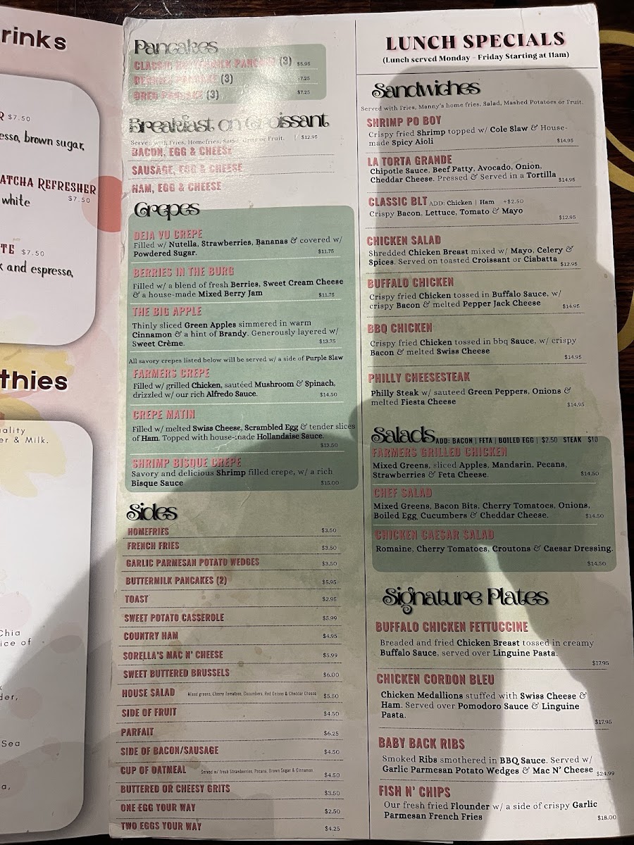 Sorella's Brunch menu board