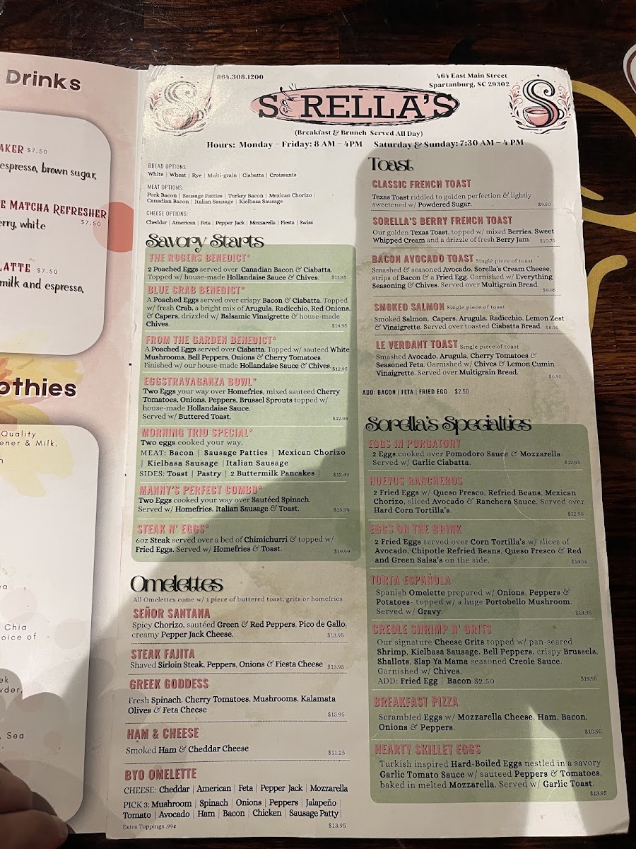 Sorella's Brunch menu board