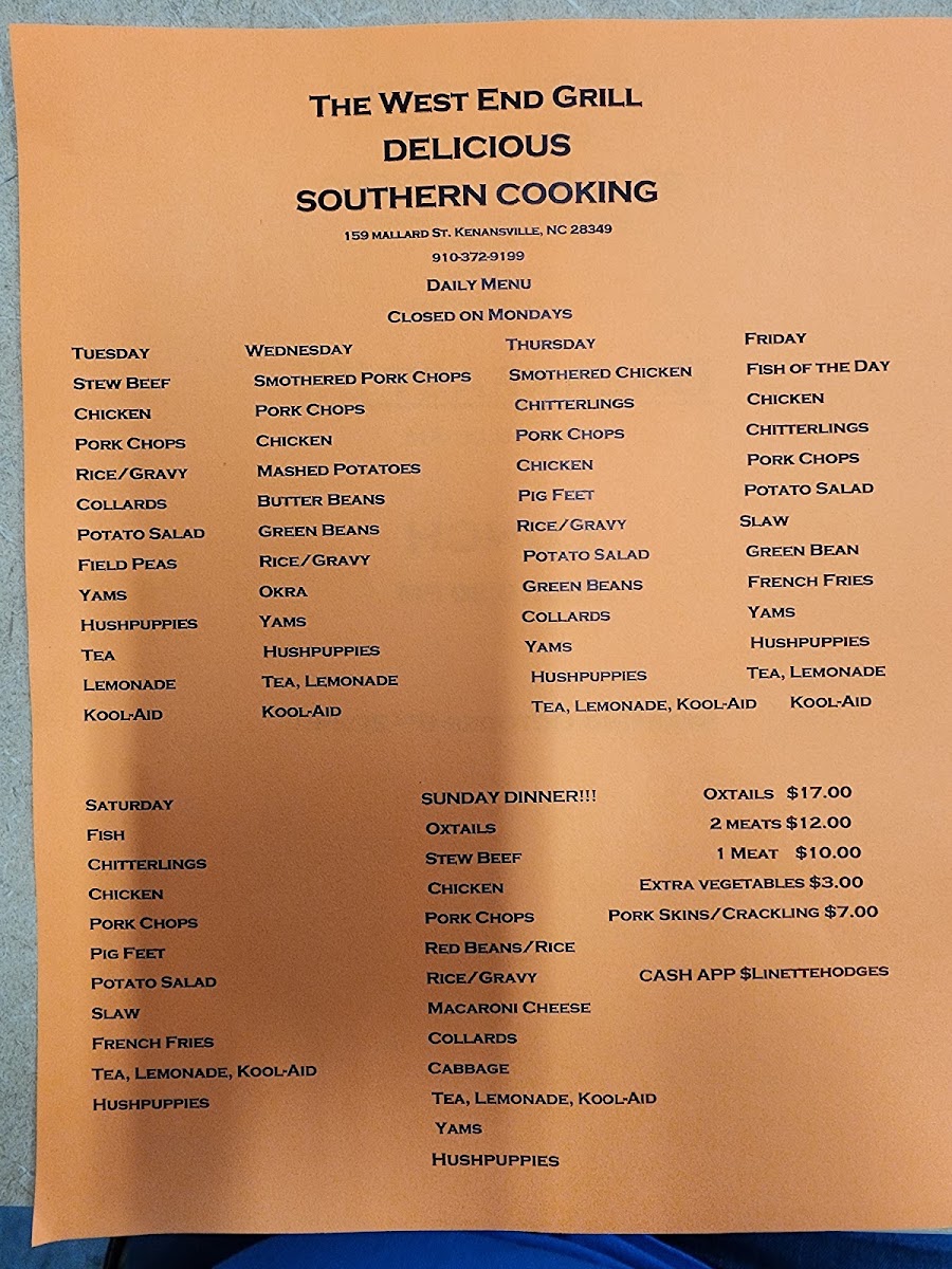 West End Grill menu board