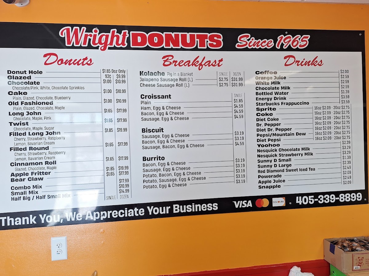 Wrights donuts and thai menu board