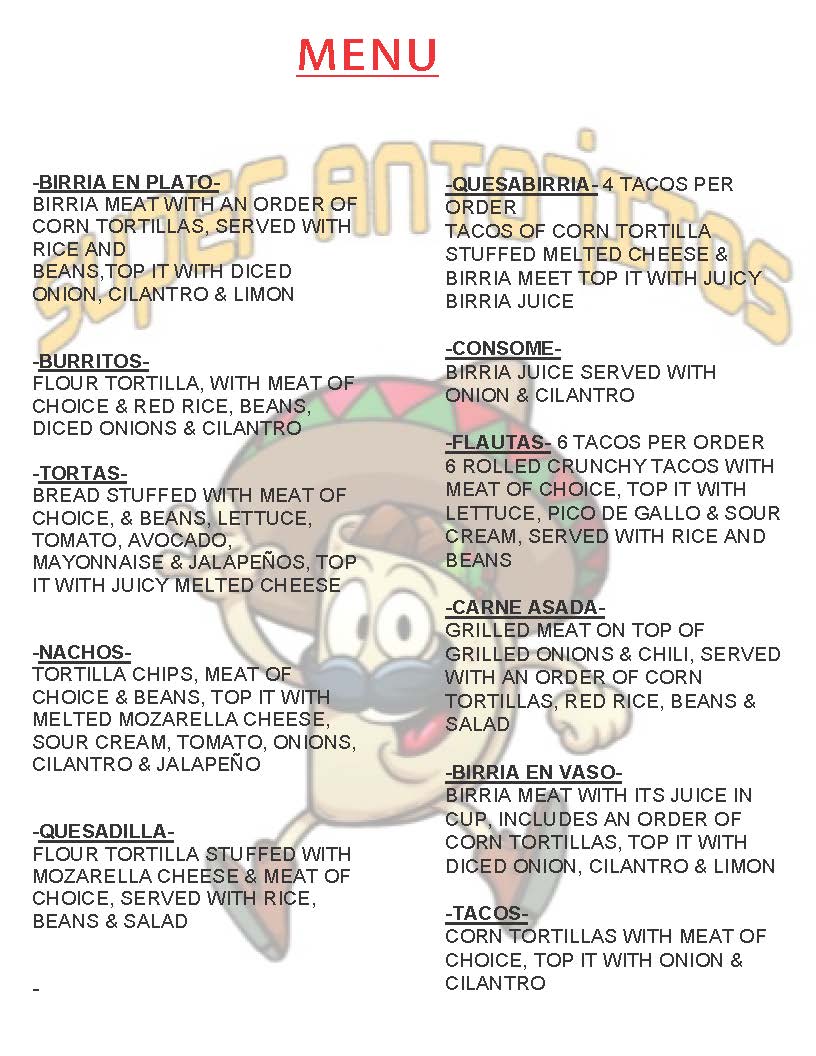 Super Antojitos menu board