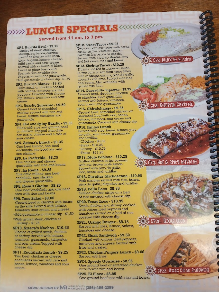 Azteca's Mexican Grill menu board
