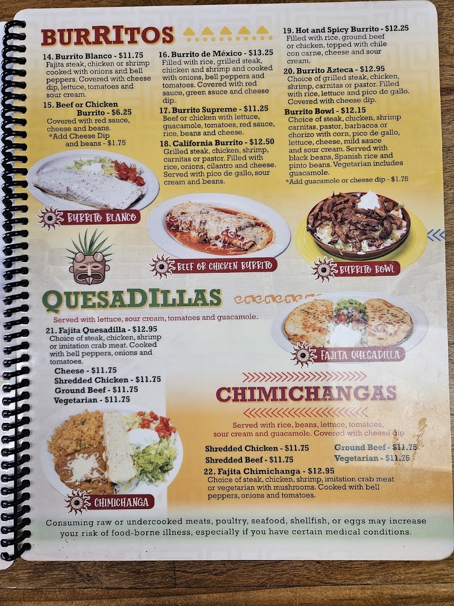 Azteca's Mexican Grill menu board