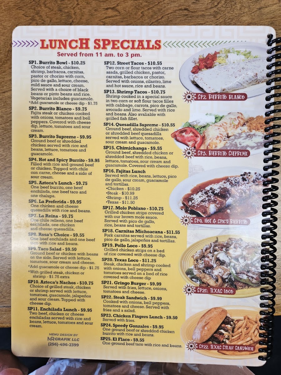 Azteca's Mexican Grill menu board