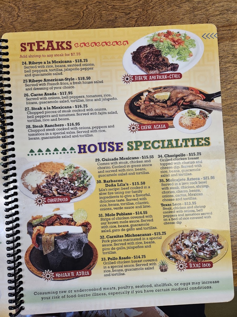 Azteca's Mexican Grill menu board