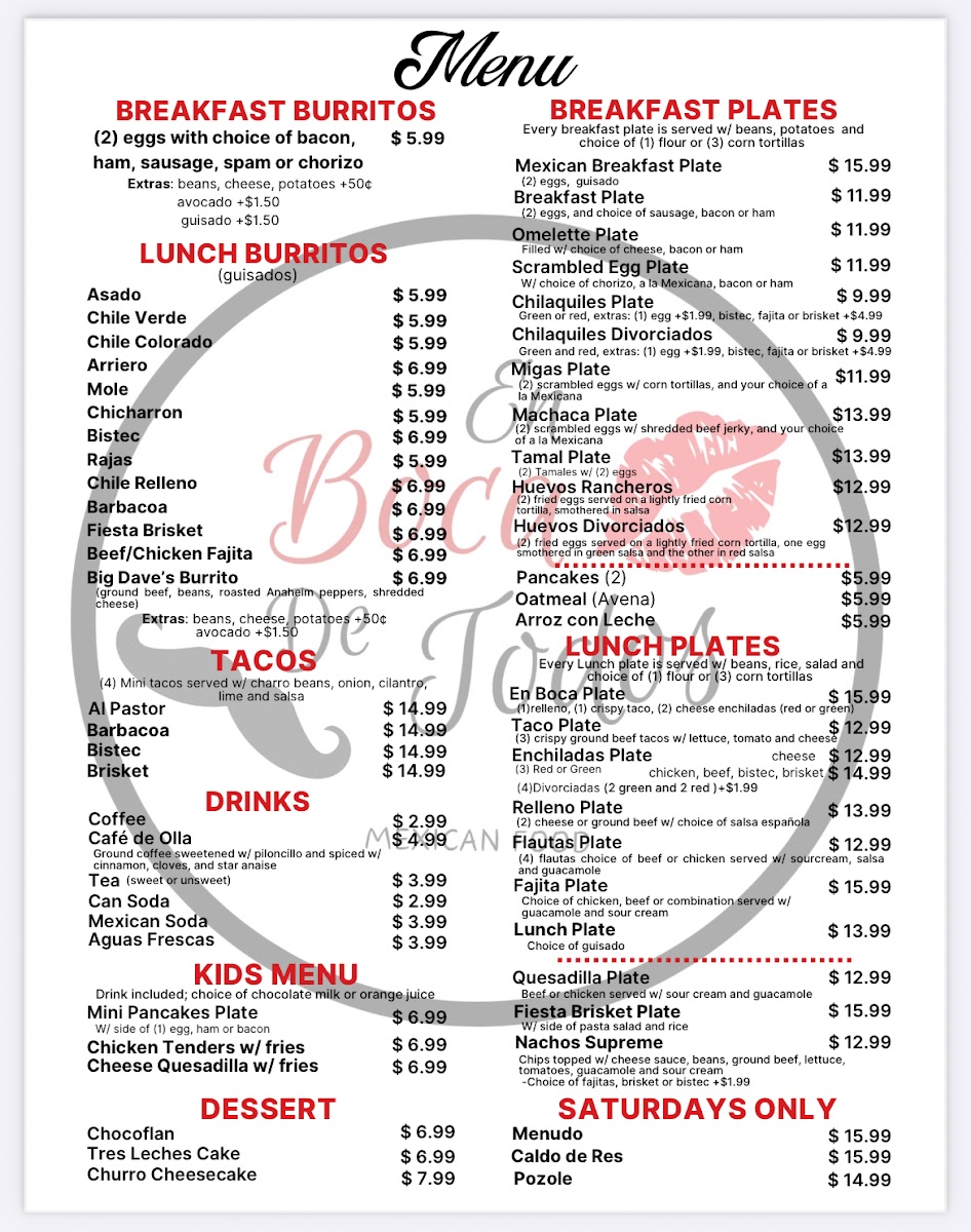 En Boca de Todos Mexican Food menu board