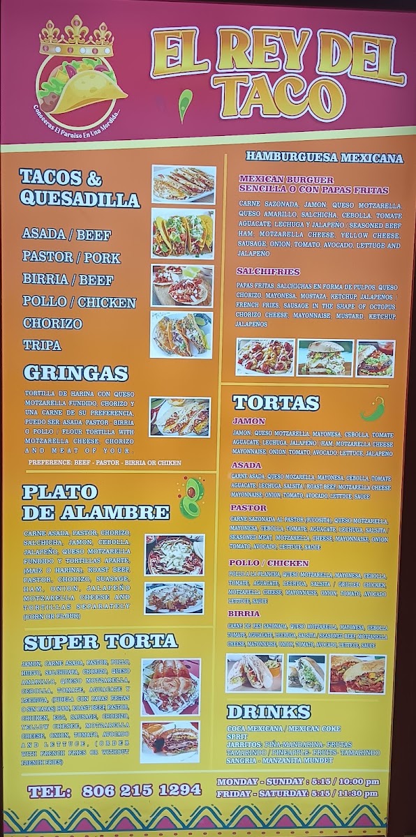 El Rey Del Taco menu board