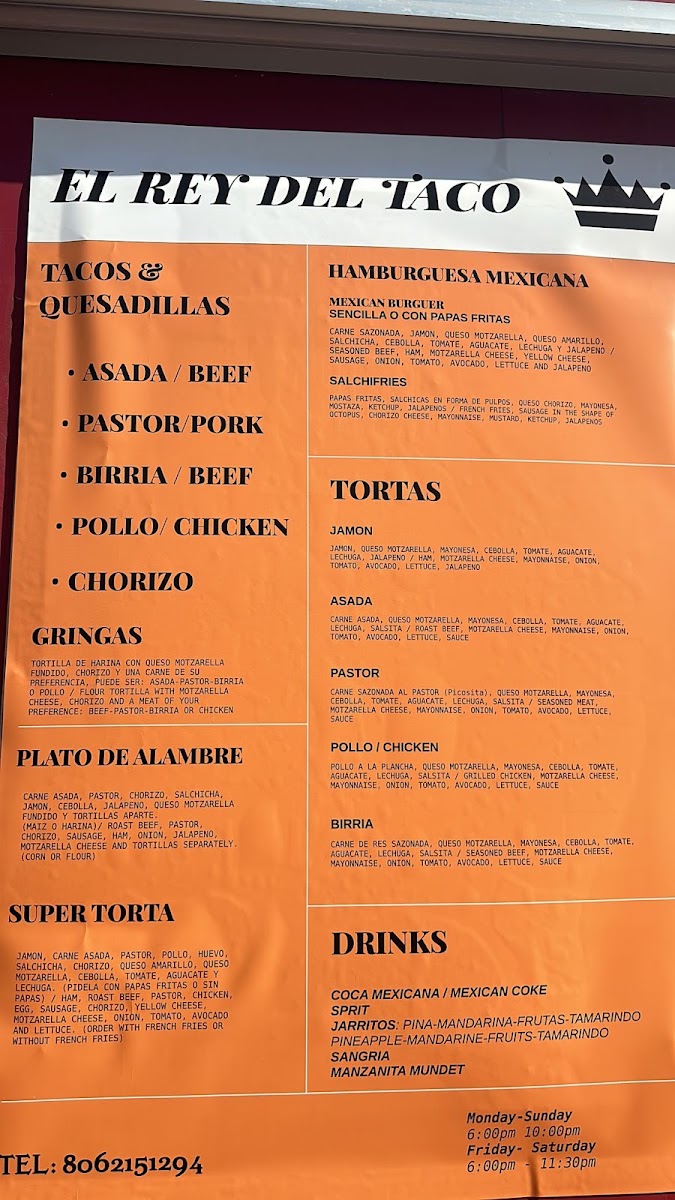 El Rey Del Taco menu board