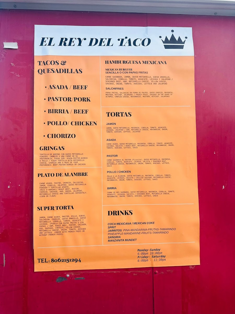 El Rey Del Taco menu board