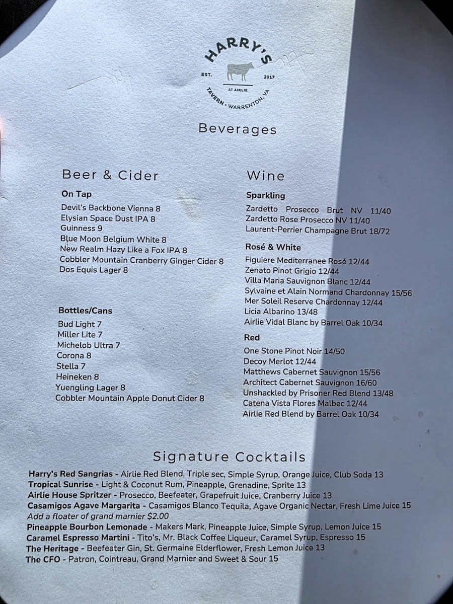 Harry's menu board