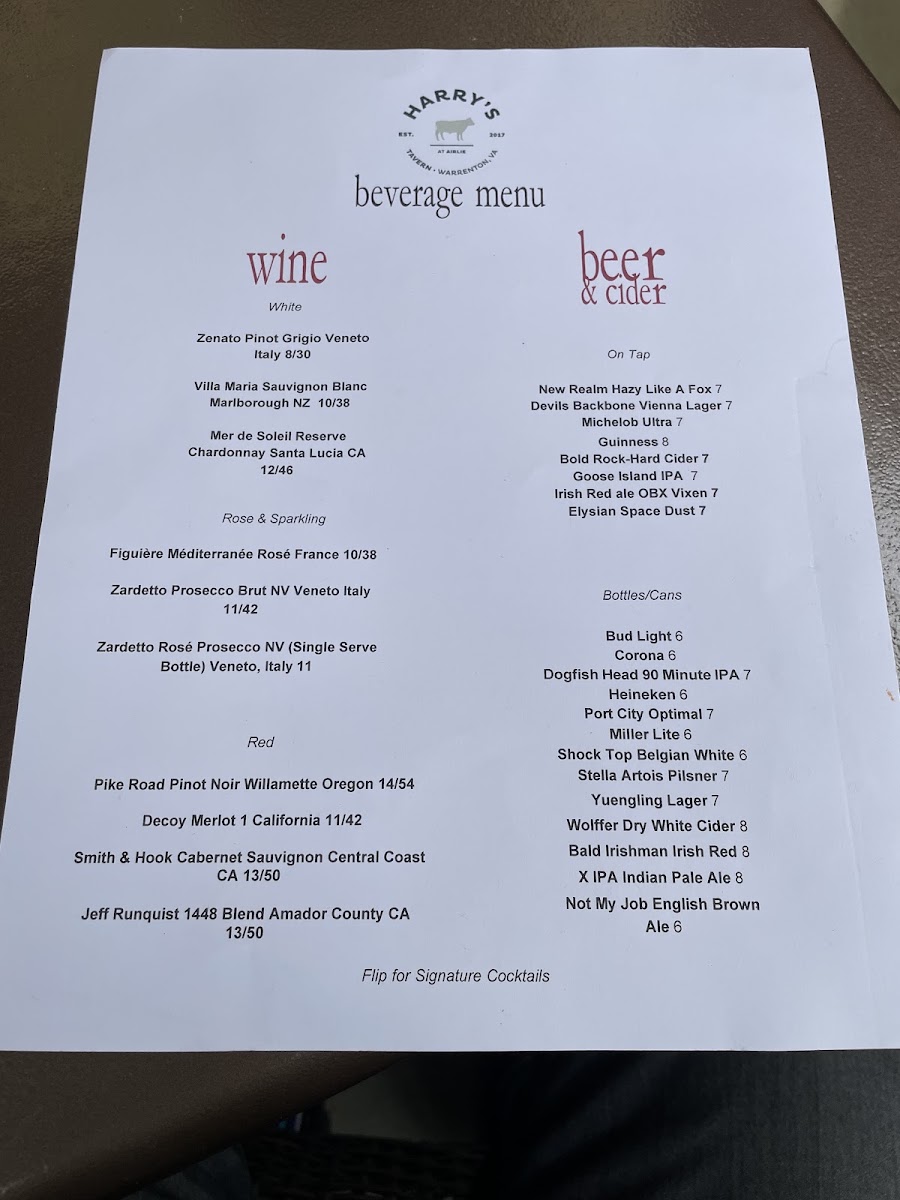 Harry's menu board