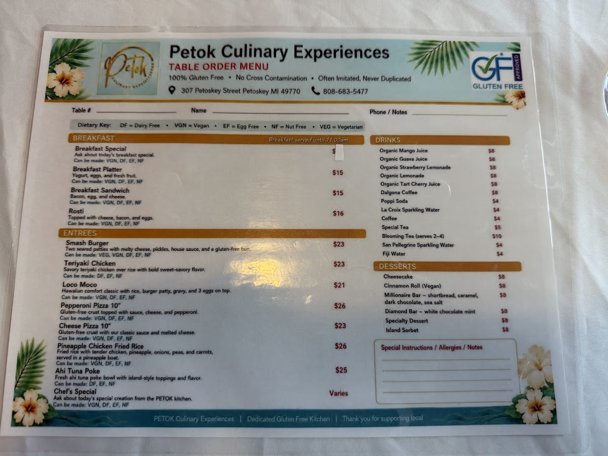 Petok Culinary Experiences menu board