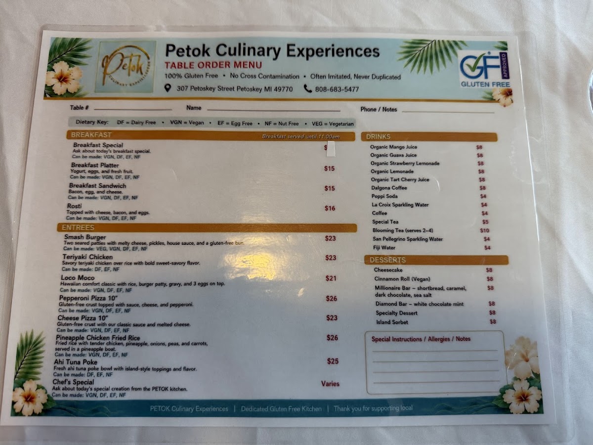 Petok Culinary Experiences menu board