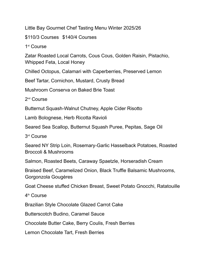 Little Bay Gourmet menu board