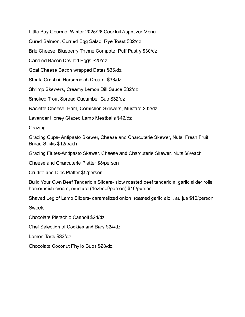 Little Bay Gourmet menu board