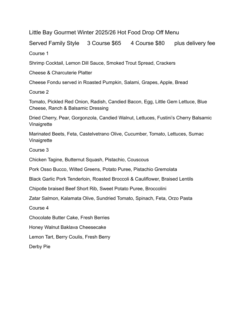 Little Bay Gourmet menu board