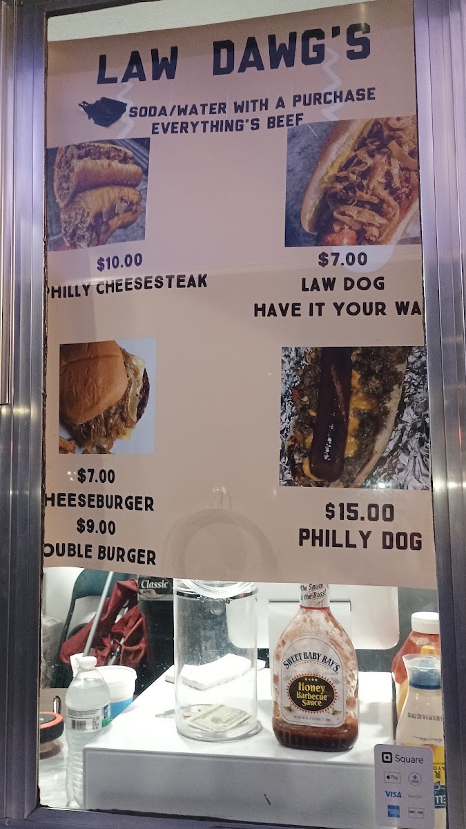 Law Dawgs Hotdogs menu board