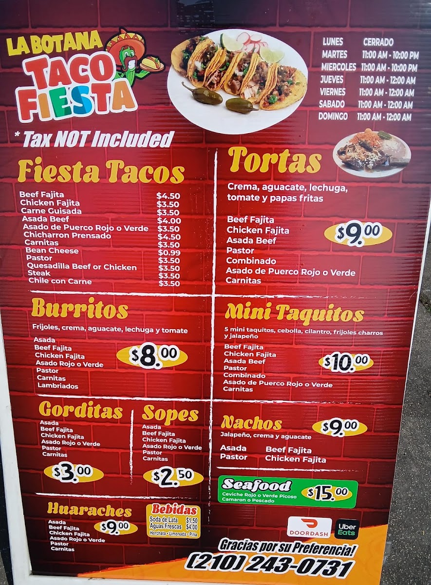 La botana Fiesta Taco menu board