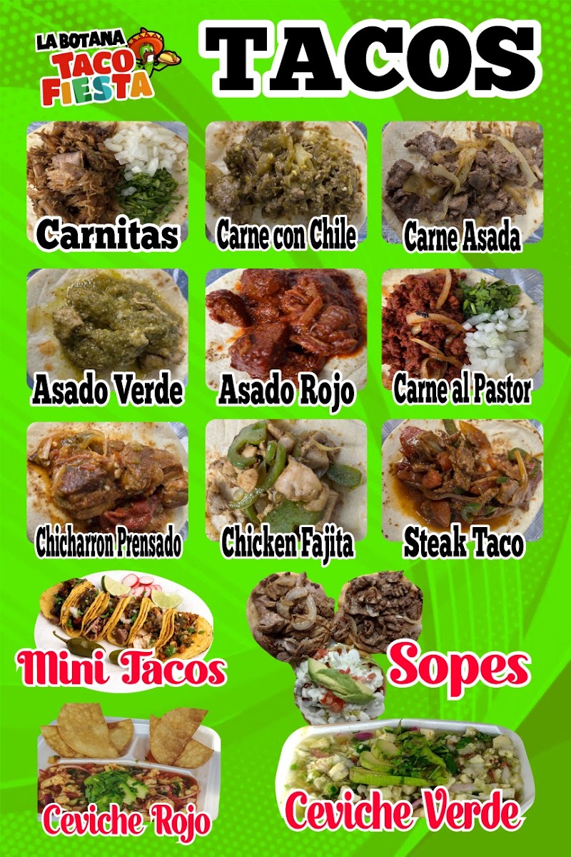 La botana Fiesta Taco menu board