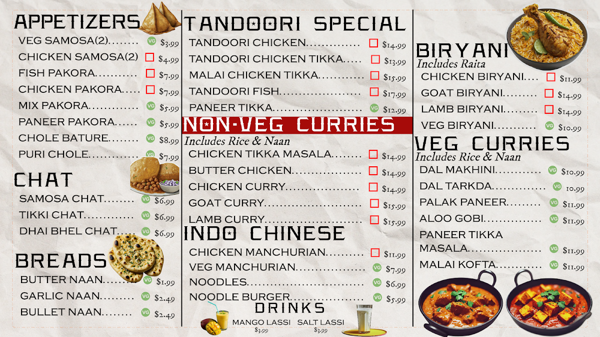 The Masala Taco menu board