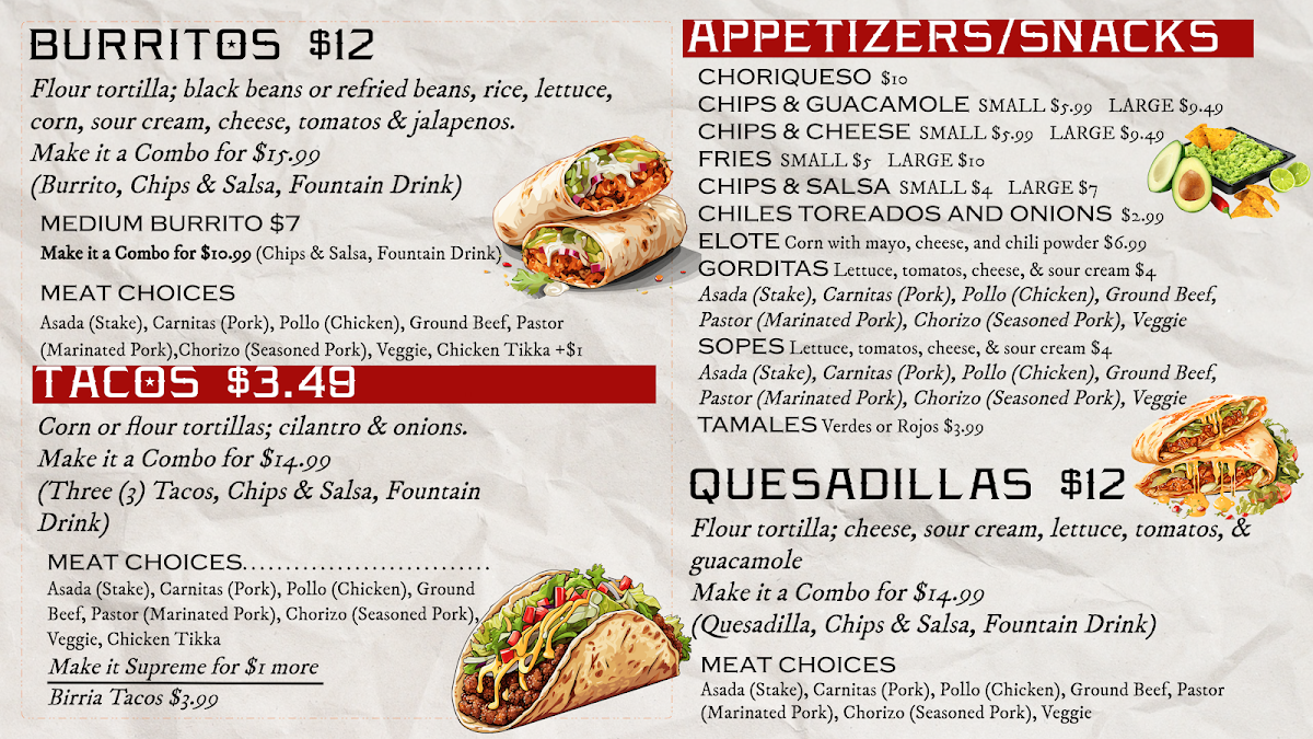 The Masala Taco menu board