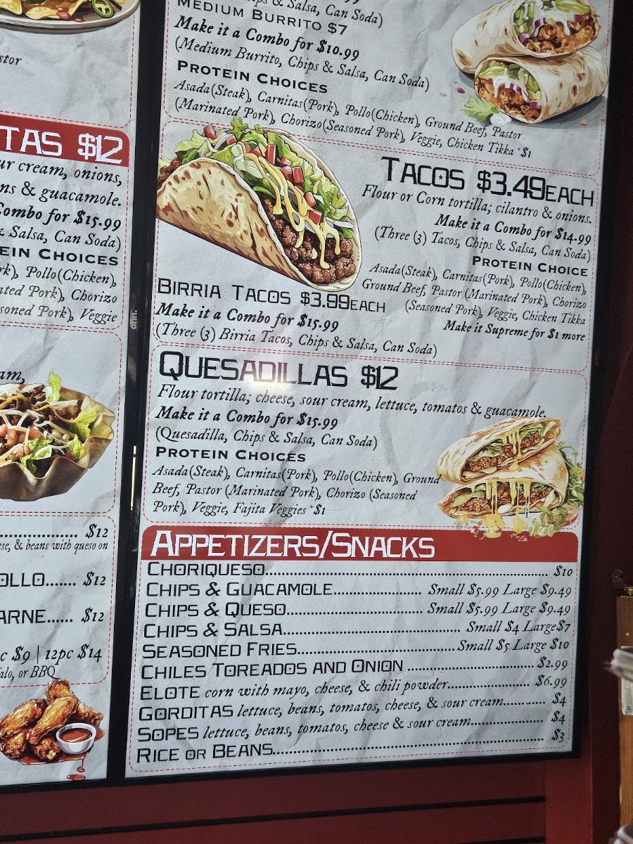 The Masala Taco menu board