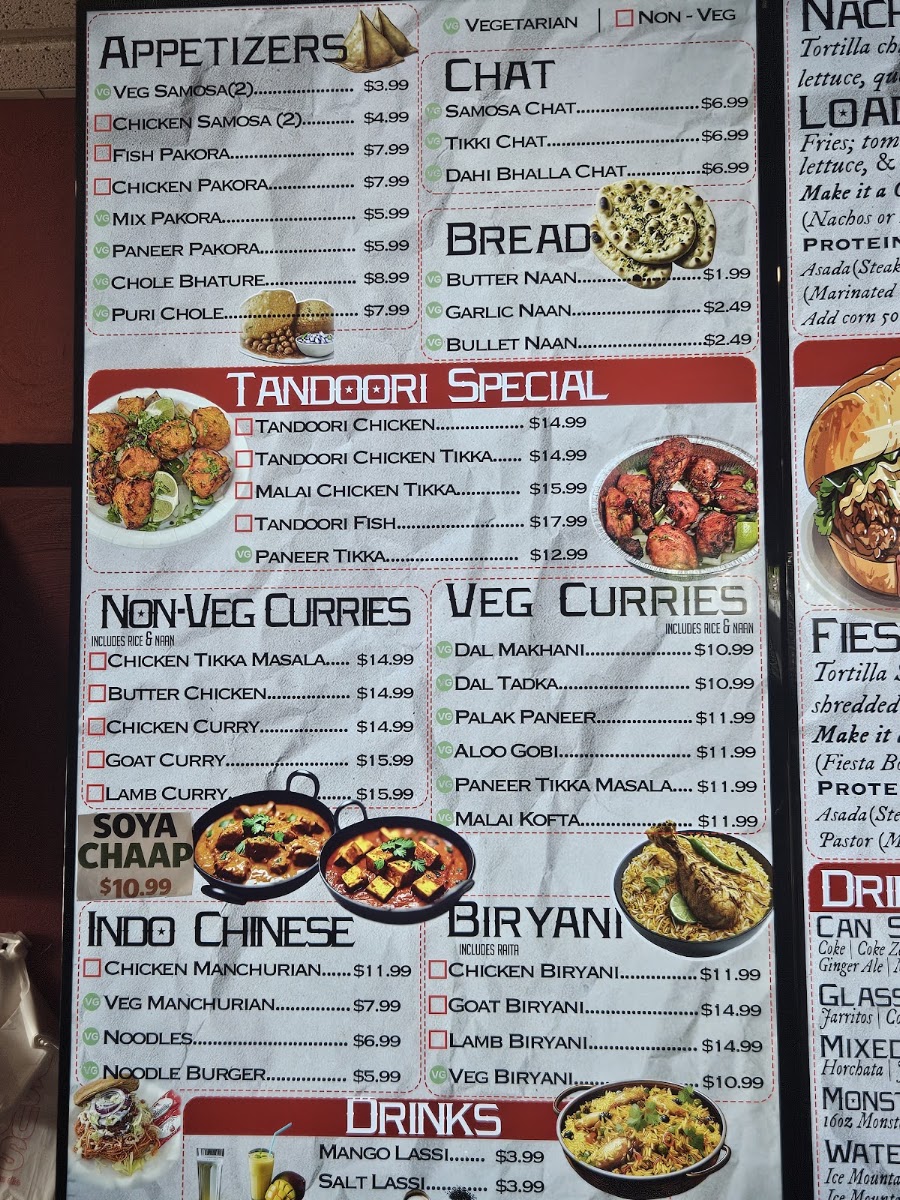The Masala Taco menu board