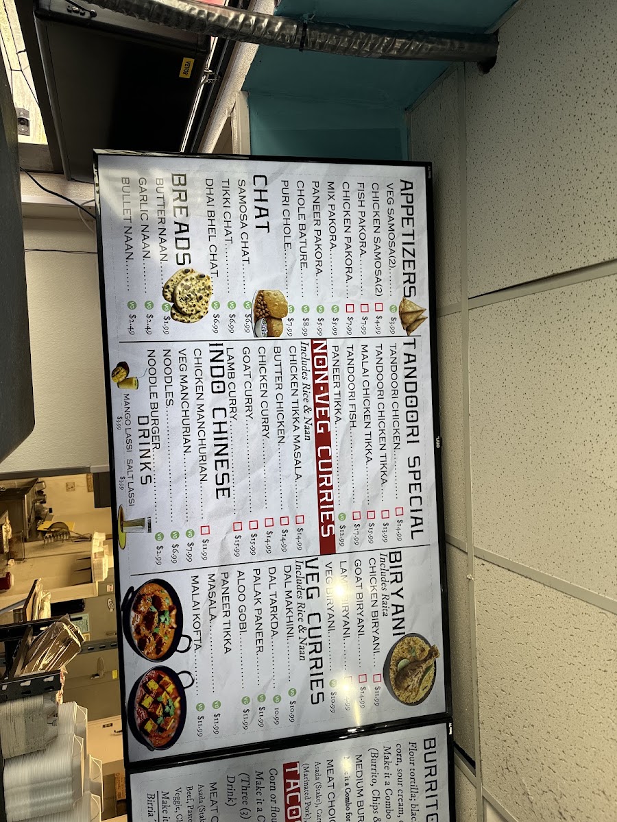The Masala Taco menu board