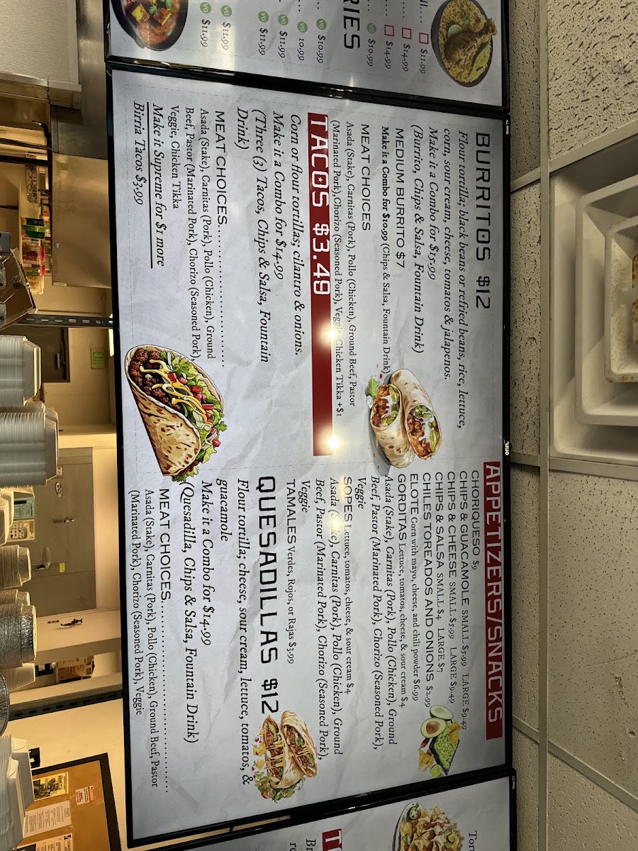 The Masala Taco menu board