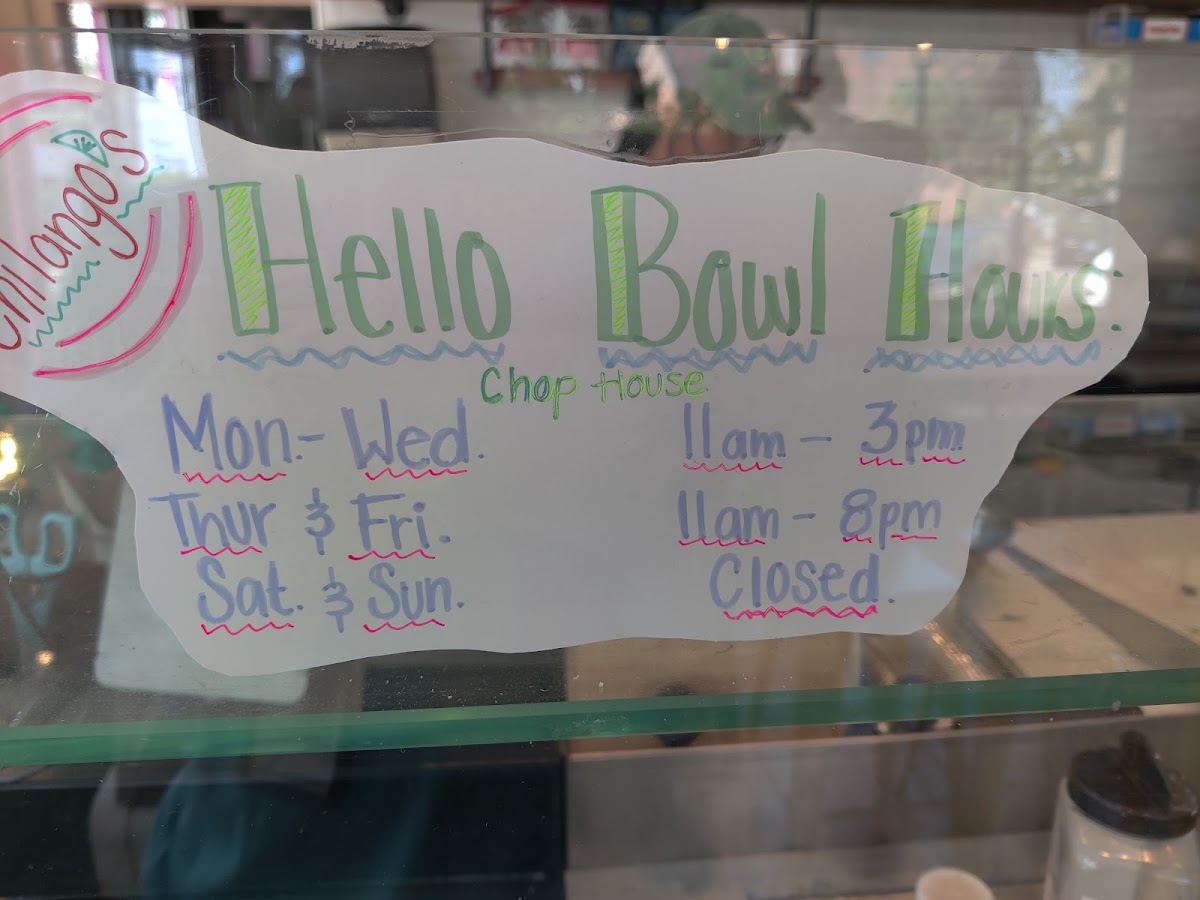 Chilango's Hello Bowl! menu board